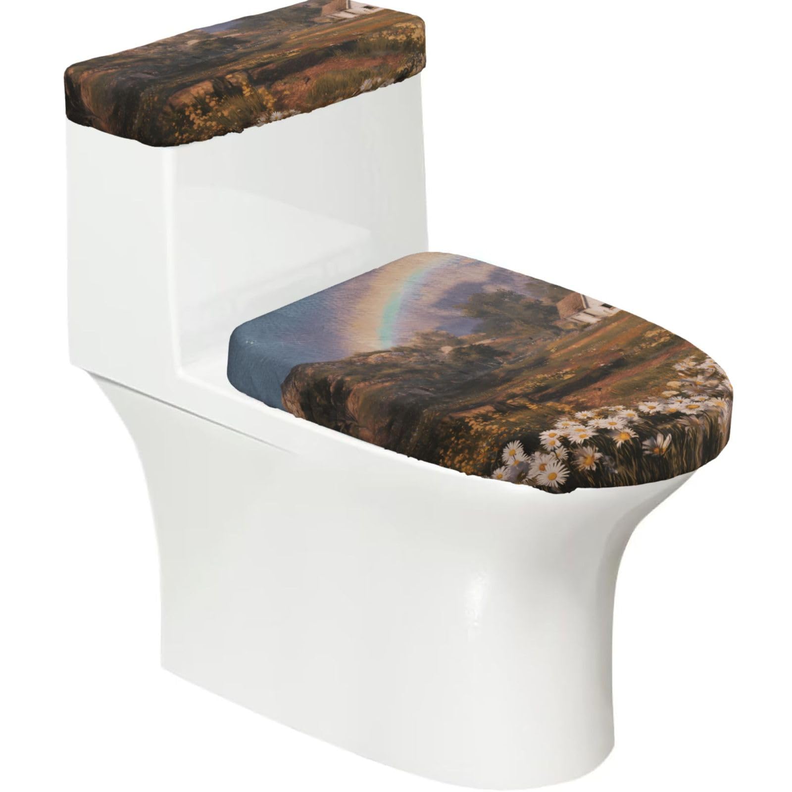 Wzycwb Black Sunset Farm 2-Piece Toilet Seat Cover Set With Tank Lid, Elastic Fit For U-Shape & Elongated Toilets, Bathroom Decor, Housewarming Gift