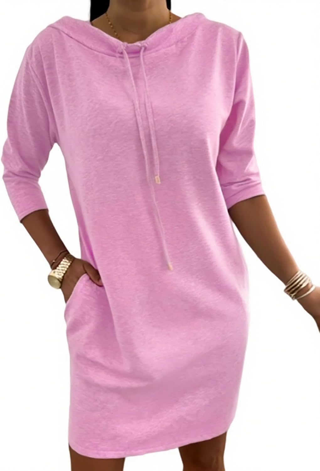 CHICME Women's Sweatshirt Dress Casual 3/4 Sleeve Mini Dress Stand Collar Drawstring Pullover Tunic Top with Pockets