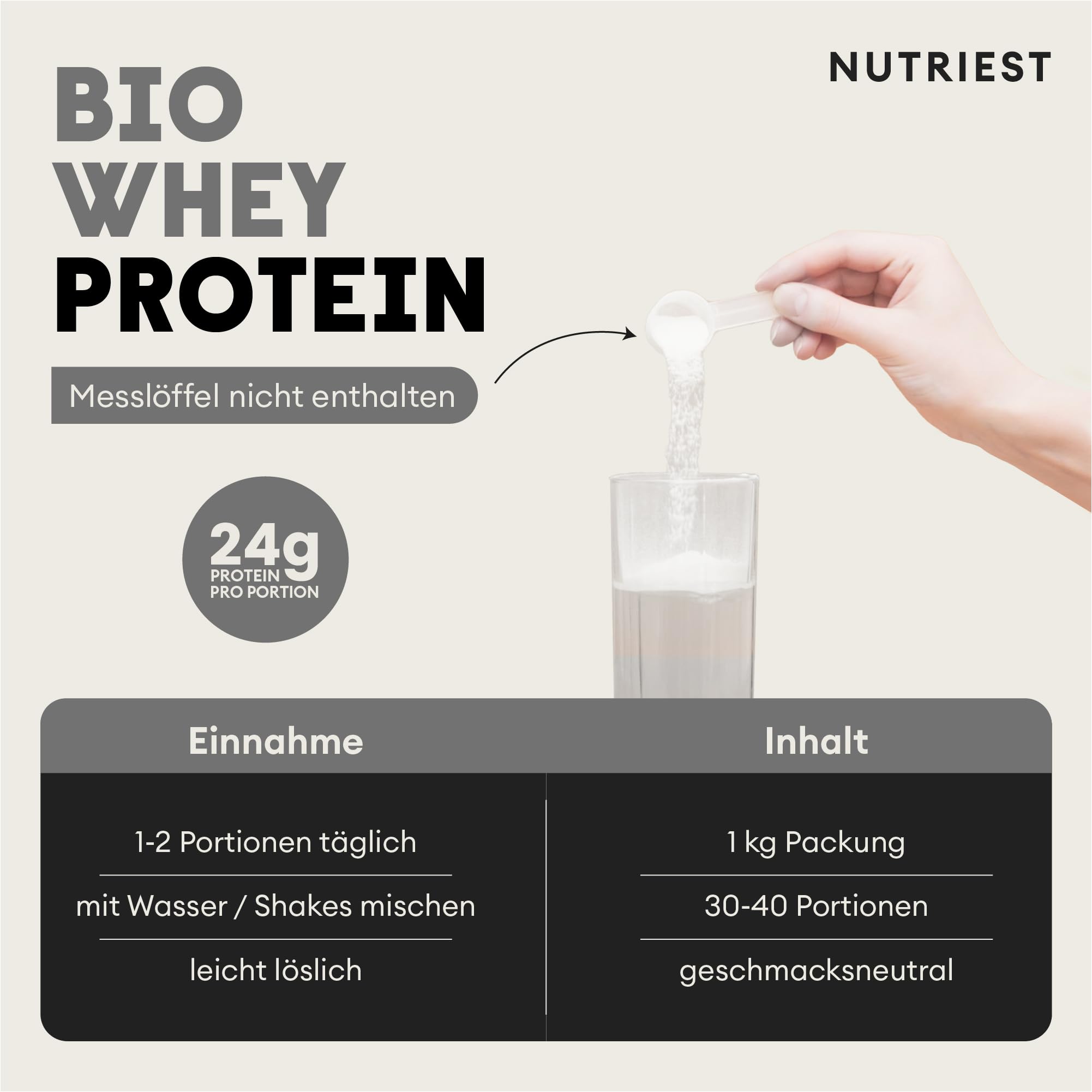 Nutriest Whey Protein Pulver (1kg) – Bio Whey Protein aus Europa | 100% Weidehaltung | Eiweißpulver mit hohem Proteingehalt | Für Shakes & Fitness