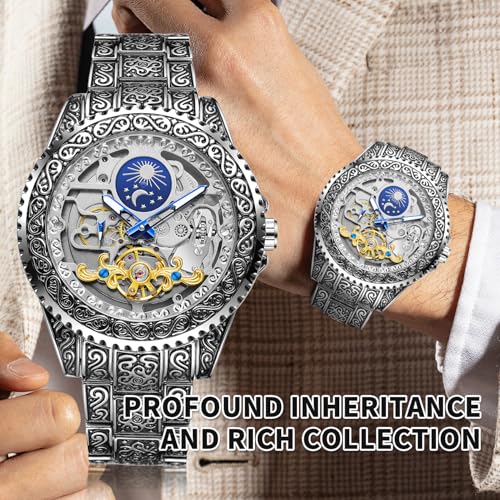 Image of Gute Men's Watch Retro Mechanical Skeleton Watch with Carved Automatic Tourbillon, Moon Phase, Independent Seconds, and Big Dial Design - Self-Wind Automatic Wrist Watches