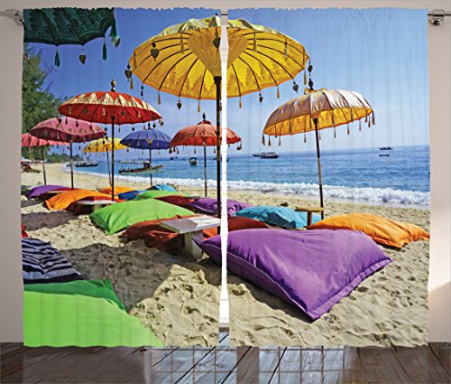 Ambesonne Balinese Curtains, Pristine Beach Bathed by The Bali Sandy Seashore Daytime Umbrellas Pillows Leisure, Living Room Bedroom Window Drapes 2 Panel Set, 108  X 84 , Multicolor