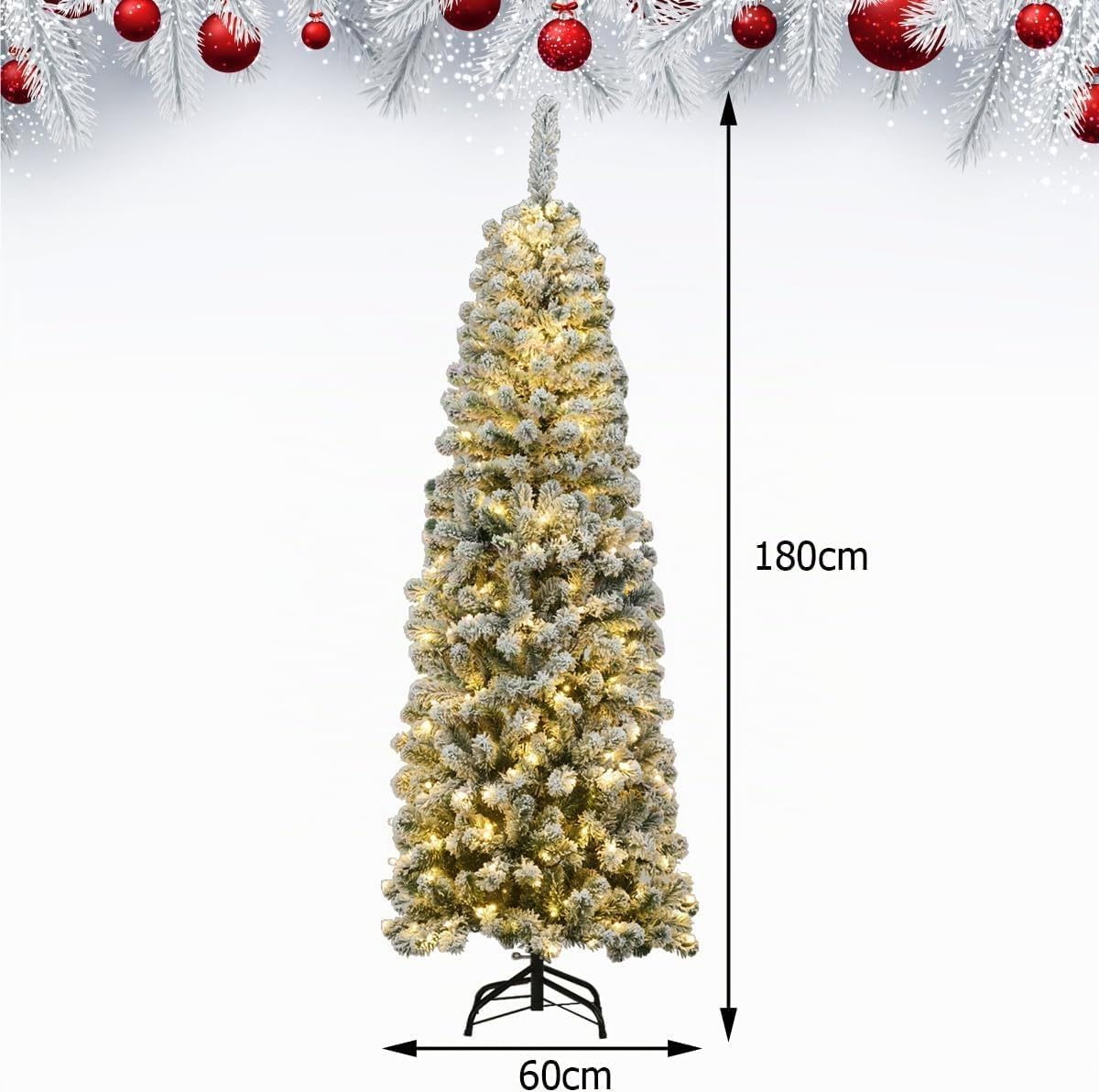 GOPLUS 135/180/225 cm Árbol de Navidad Artificial con Luces LED & Nieve & Soporte de Metal Plegable, Decoración Navideña de Árbol Nevado Esbelto y Flocado (180 cm)