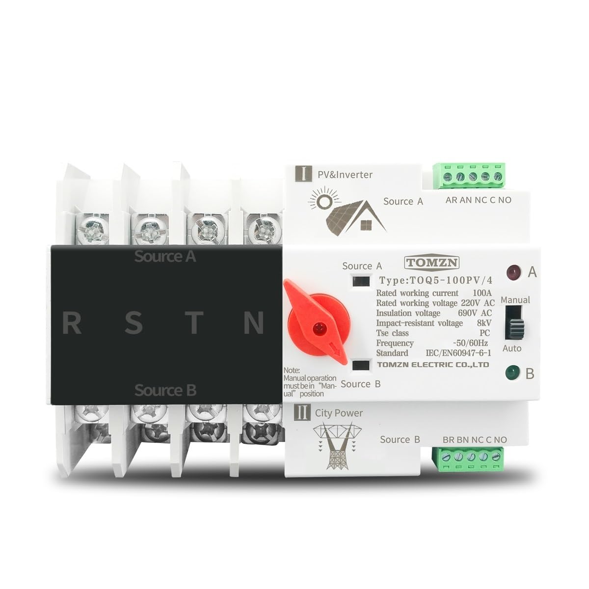 Interruttore Magnetotermico ATS su guida Din 4P trifase 4 fili for fotovoltaico e inverter Selettori di trasferimento automatico a doppia alimentazione ininterrotta 63A 100A 125A Interruttore Magnetot