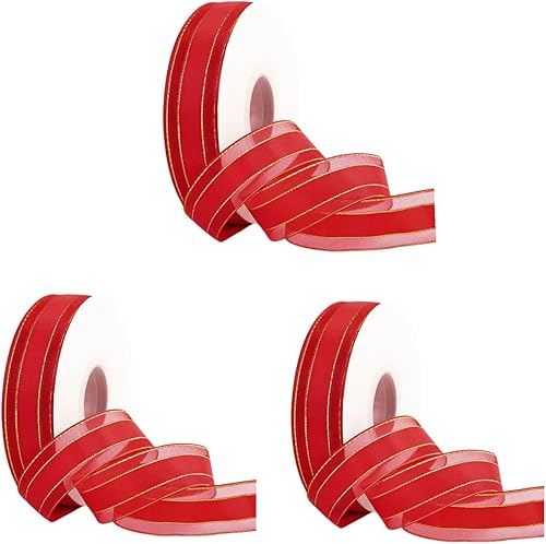 Miniatura 9 de Cinta de tela de satén beige de 1 pulgada, bordes dorados, cinta de tul para manualidades, cinta transparente para envolver regalos, ramo de boda,