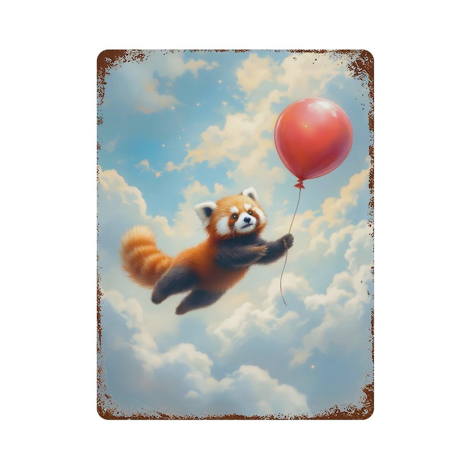 Red Panda Balloon Flight 15.7"x11.8" Rustic Tin Plaque, Industrial Home Decor for Farmhouse, Kitchen And Entryway Decor