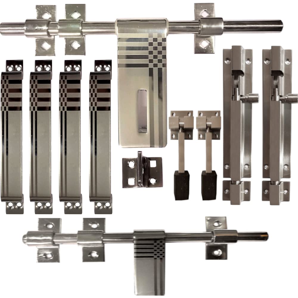 CIRCLE Stainless Steel Double Door KIT|Door Fittings Full Accessories Set|Gate Hardware|Door kundis Steel Set|1 Big AL Drop 12''|1 Latch 10''|4 Handles 6''| 2 Tower Bolt 6''|2 Door Stopper