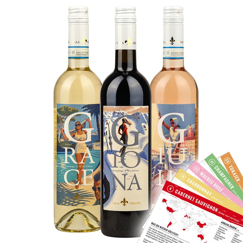 Villa Geissini Wein Jetset-Set Probierpaket S + VINOX Winecards
