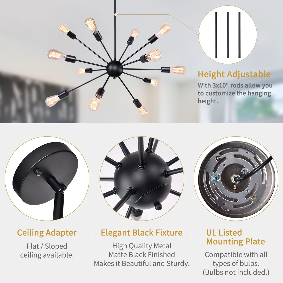 Merbotin 12 Lights Black Sputnik Chandeliers Mid Century Semi Flush Mount Ceiling Light Modren Hanging Lighting Fixture for Dining Room Kitchen Island Living Room Bedroom, Black