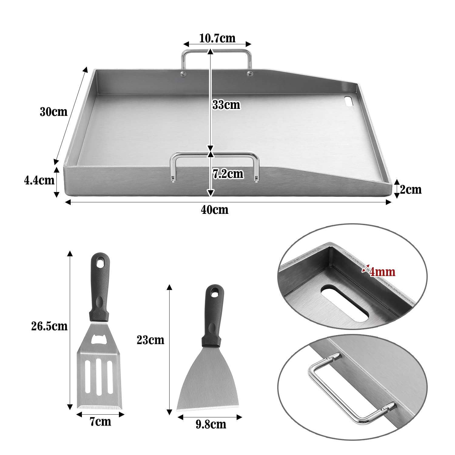 Grillplatte Edelstahl 40 x 30 cm,4 mm Dicke Plancha Grillplatte mit Griffen,BBQ Grillplatte mit Fettschlitz,Edelstahl Grillplatte für Gasgrill,Holzkohlegrill,Backofen & Pizza