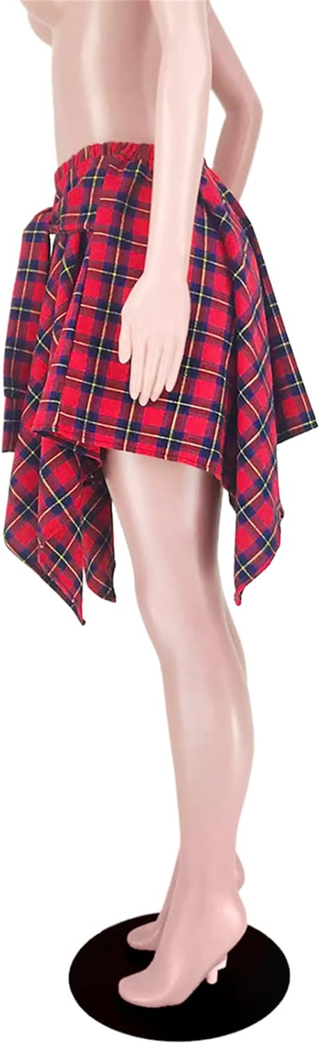 Women's Plaid Skirts High Waisted Knot Front Asymmetrical Hem Mini Skater Skirt - Image 5