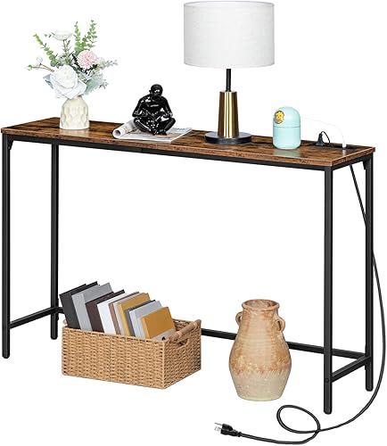 Miniatura 9 de HOOBRO Mesa consola de 47.2 pulgadas con tomas de corriente y puertos USB, mesa de entrada estrecha para sofá con estación de carga, detrás de la