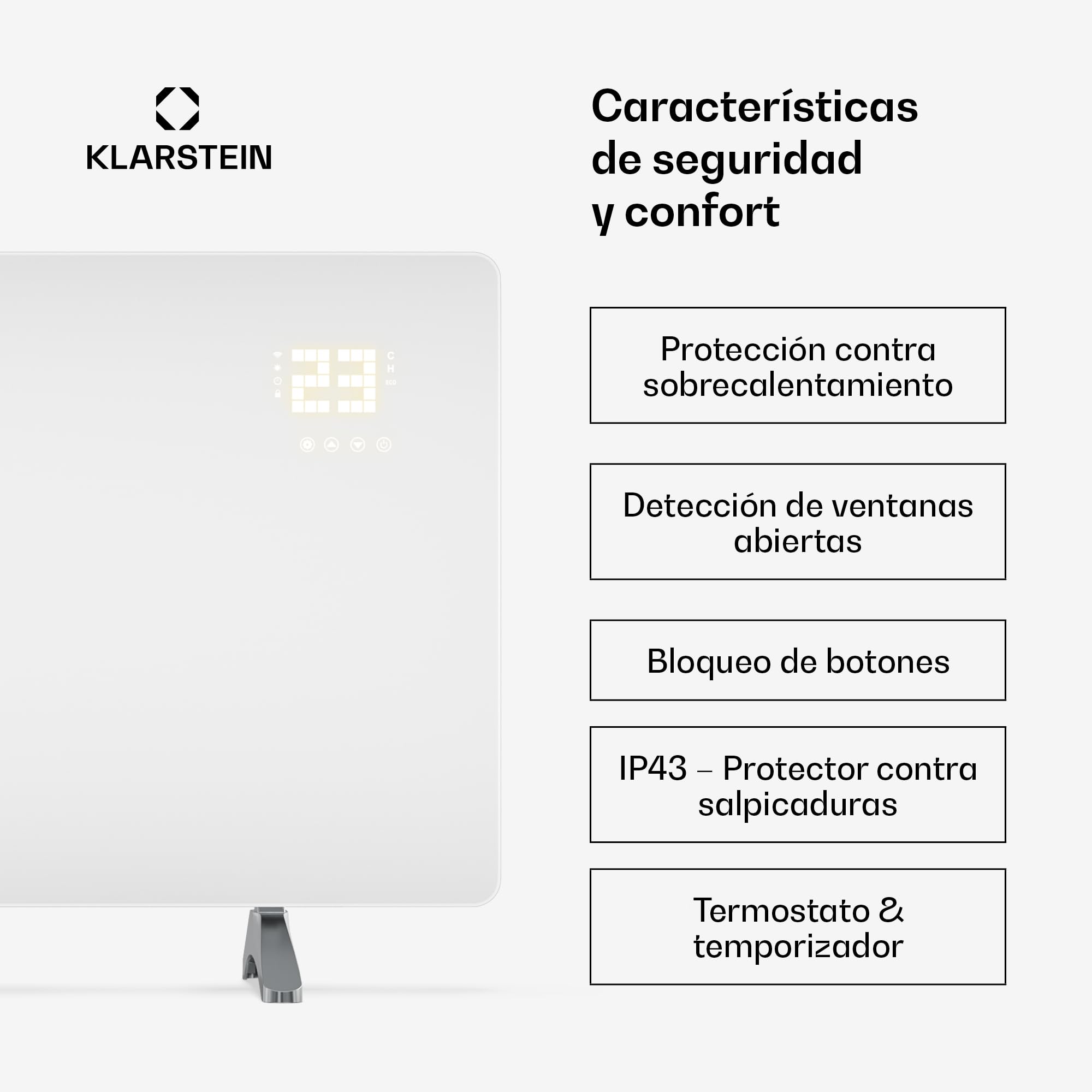 Klarstein Calefactor Infrarrojo, 720W – Panel de Vidrio, Montaje en Pared o Independiente, WiFi/App, Termostato, IP43 Baño, Temporizador, Seguridad Infantil, Calefacción Eficiente, Blanco