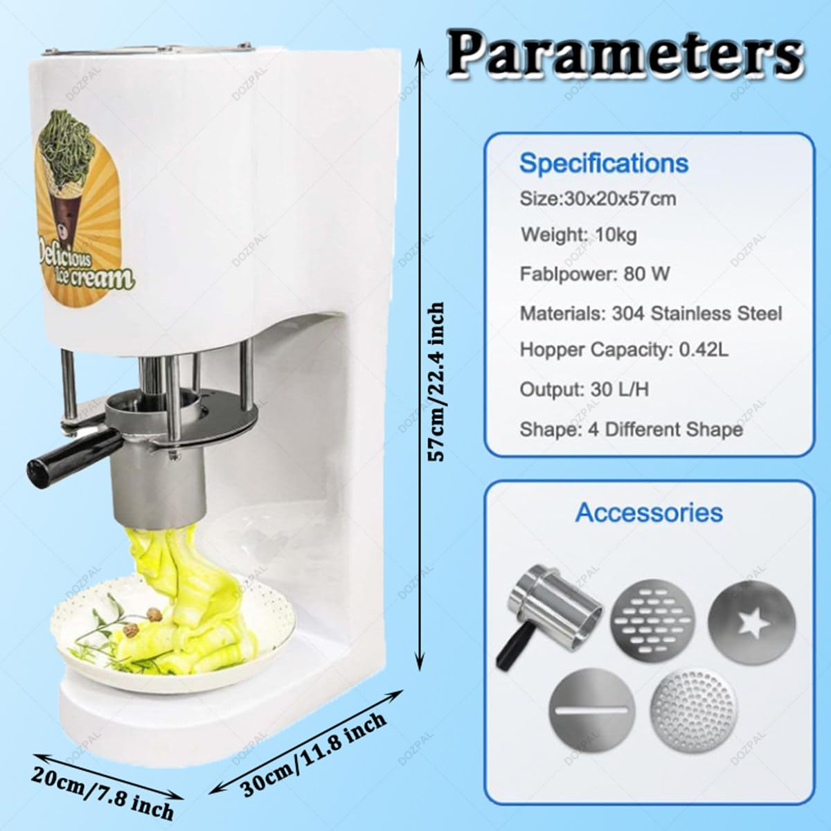 Machine Professionnelle à Glace « Spaghetti » (Glace Italienne extrudée), Presse à Glace 80 W avec 4 moules, débit de 28–30 L/h pour Glaciers, cafés, Restaurants et Food Trucks White