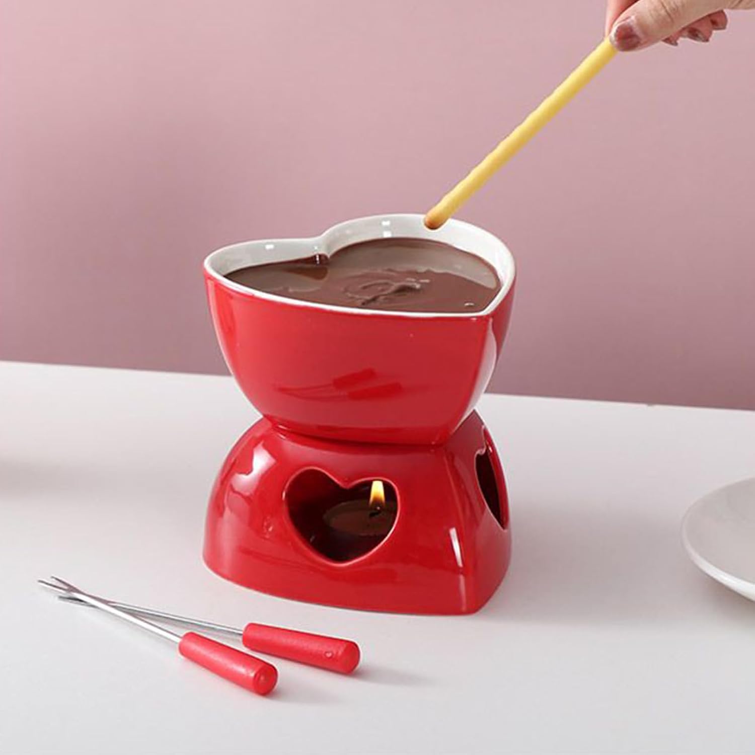 Ceramic Heart Fondue Cup - Mini Pot with Tealight and Forks, Chocolate and Dessert Melting Feature, for Cheese Butter Caramel Candy Sweet Treats Holiday Party Home Office Travel, Tableware Accessory