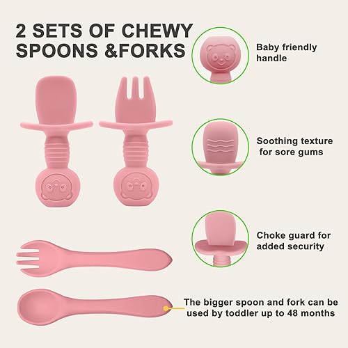 Miniatura 6 de Juego de alimentación de silicona para bebés, suministros de destete LED para bebés, incluye ventosas y platos divididos, babero ajustable,