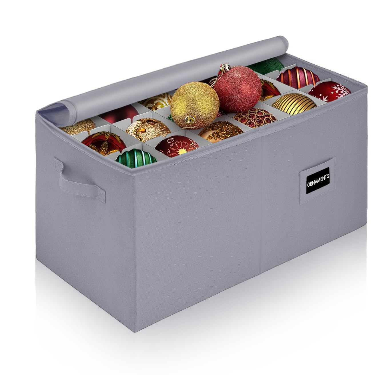 Christmas Ornament Storage Container with Dividers -Box Stores Up to 54-4" Ornaments, Zippered, Convenient, Adjustable, Heavy Duty 600D, Large Organizer Bin to Protect and Store Holiday Décor (Grey)
