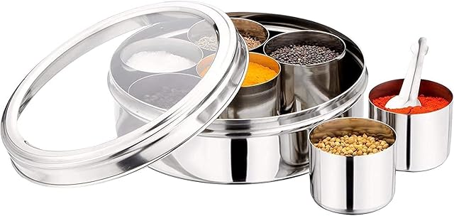 Ruchi Crafts Mother's Day Gifts Stainless Steel Indian spice box, Indian Masala Dabba See Through Clear Lid & Inner Acrylic Glass Lid, Steel masala dabba box, 7 spice containers size 9 X 9 inch