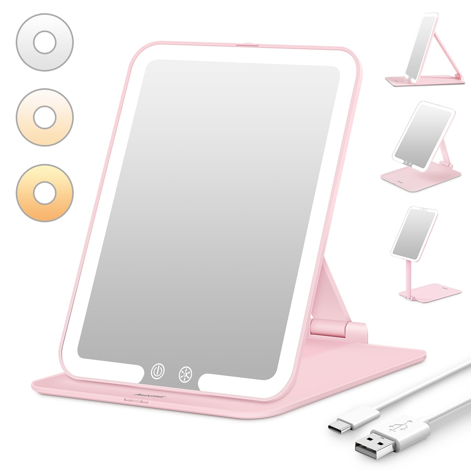 Auxmir Foldable Makeup Mirror with 3 Dimmable Color Lights, USB Rechargeable Lighted Vanity Mirror with Touch Screen, Compact & Portable Ultrathin Desk Beauty Mirror for Travel Daily Business, Pink-image-10