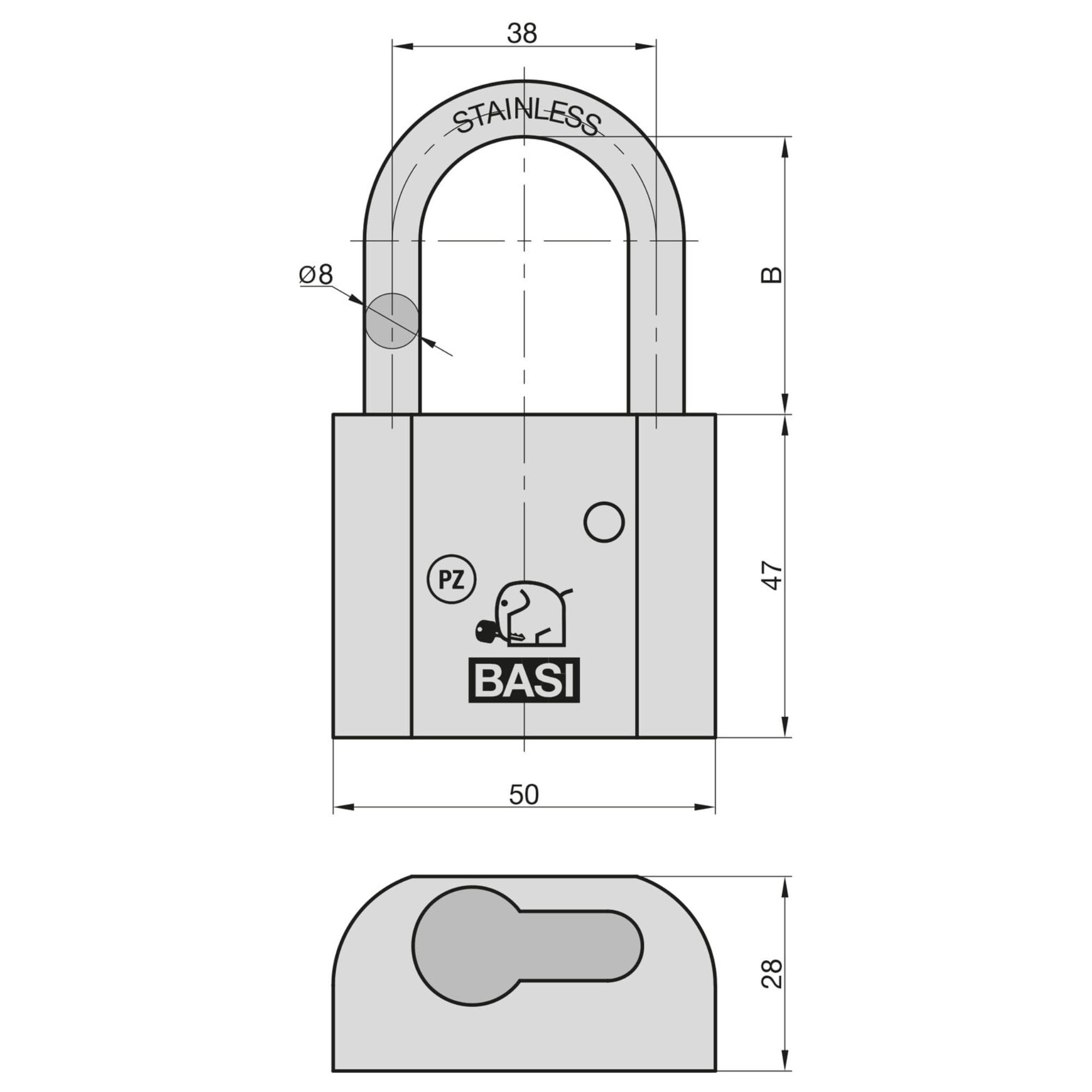 BASI | Vorhangschlosskorpus mit Edelstahlbügel | mit Vorrichtung für Profil-Halbzylinder 10/30 mm | Hangschloss für Schließzylinder | Bügelhöhe 40 mm | Bügelstärke 8 mm | Messing | Farbe Silber