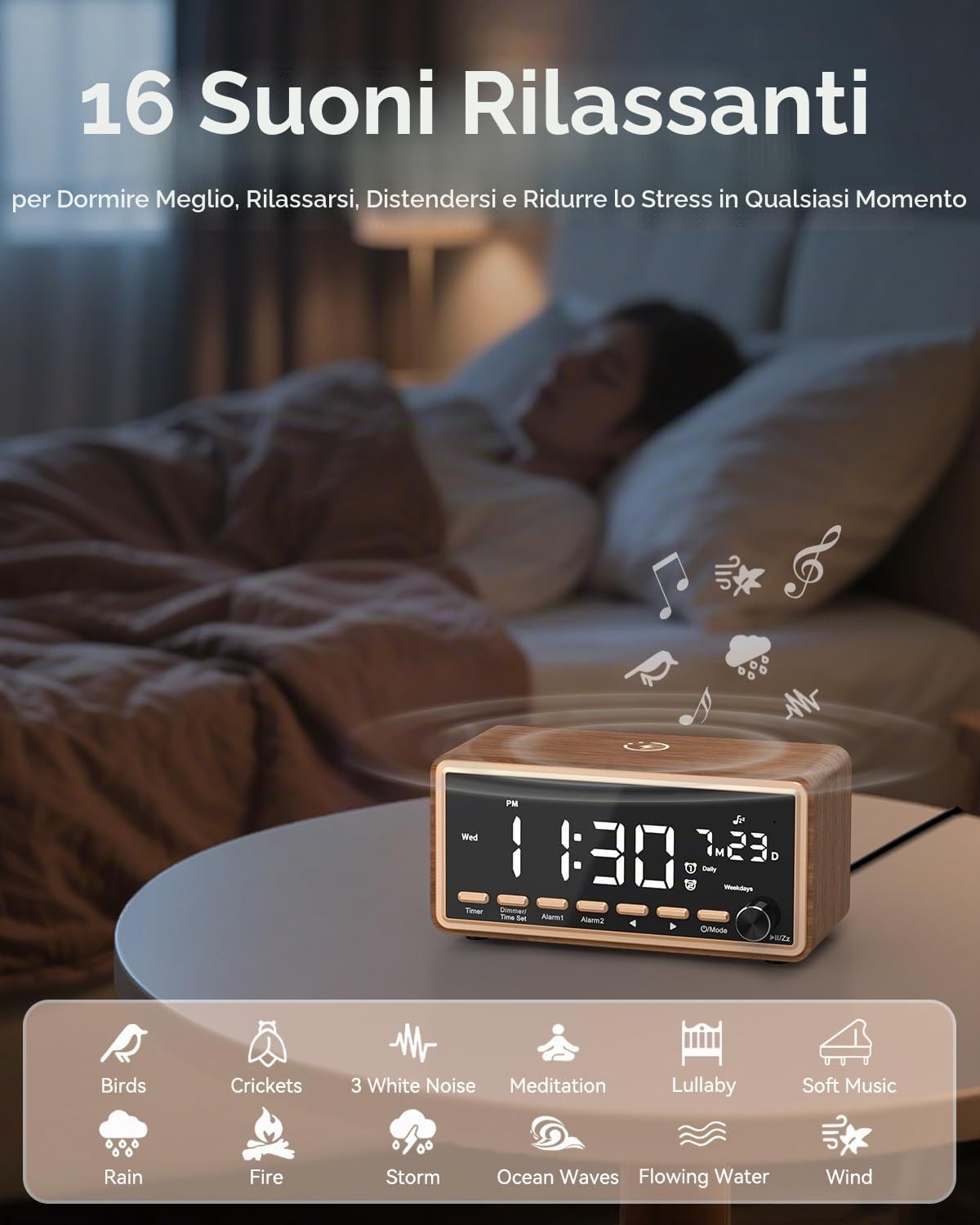 Sveglia digitale con radio FM, doppia allarme, altoparlante Bluetooth, White Noise Machine, Wireless Charger, orologio digitale dimmerabile, regalo di compleanno per donne, mamma e papà