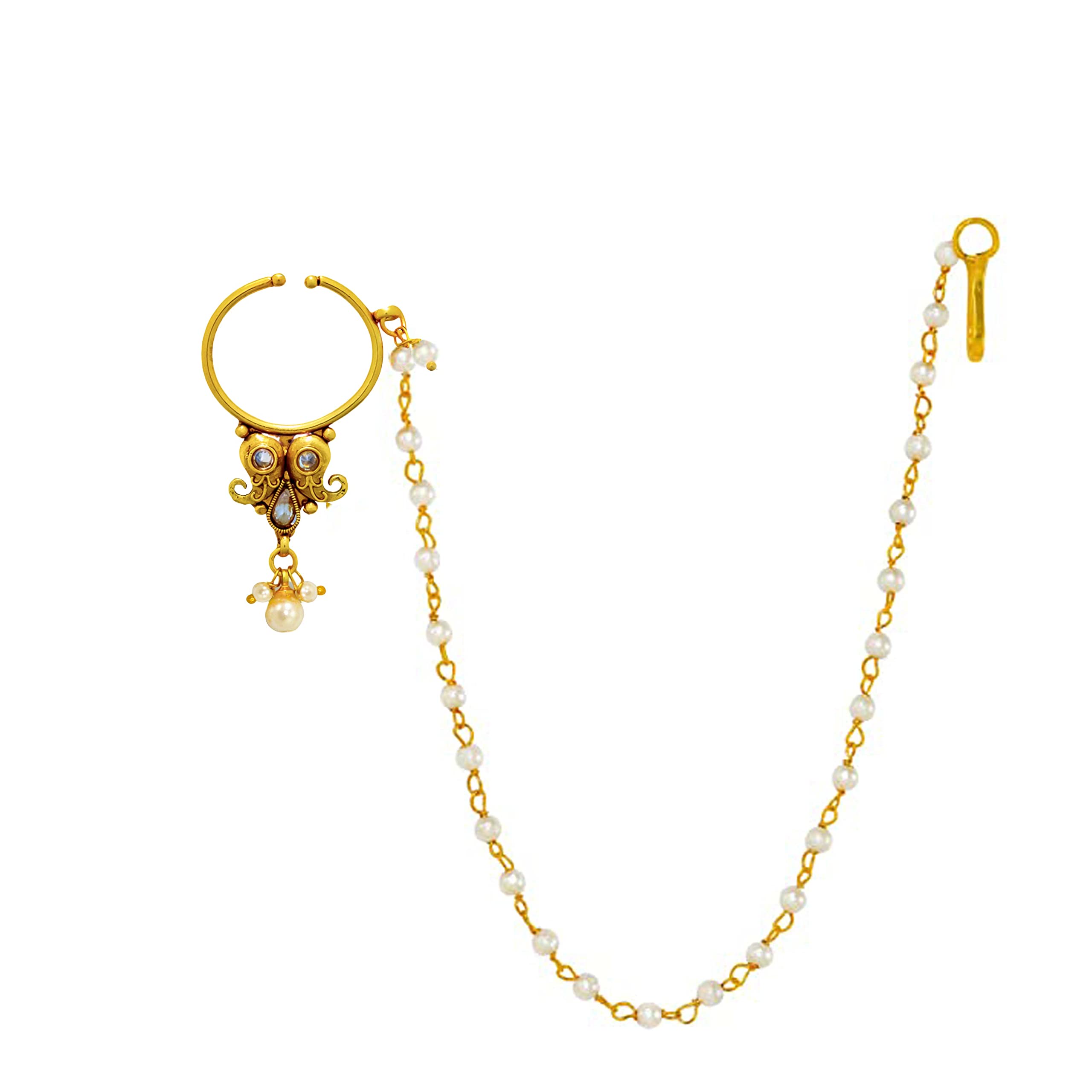 JEWELOPIA Nathni for women Gold with Pearl Chain without Piercing Gold Plated CZ Ruby Besar Nath Clip For Women (B09FFFZPSV) Amazon Price History, Amazon Price Tracker