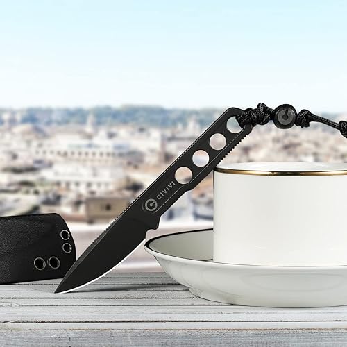 Miniatura 4 de CIVIVI Circulus Cuchillo de hoja fija, filo de corte de 1.96 pulgadas, acero 10Cr15CoMoV lavado a la piedra negro con una funda Kydex negra, cordón