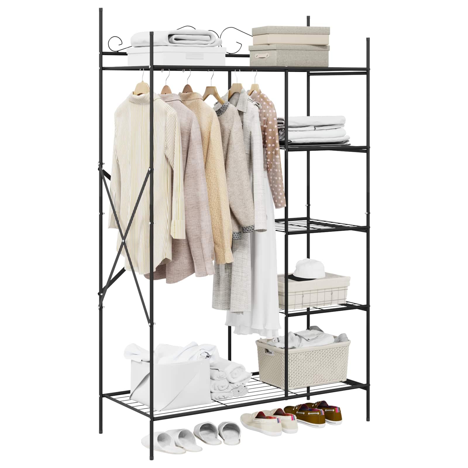 Armoire ouverte noire 104,5 x 45 x 172 cm en acier avec beaucoup d'espace de rangement, étagères métalliques, pieds de poteau stables, pour chambre à coucher, couloir, dressing, design moderne