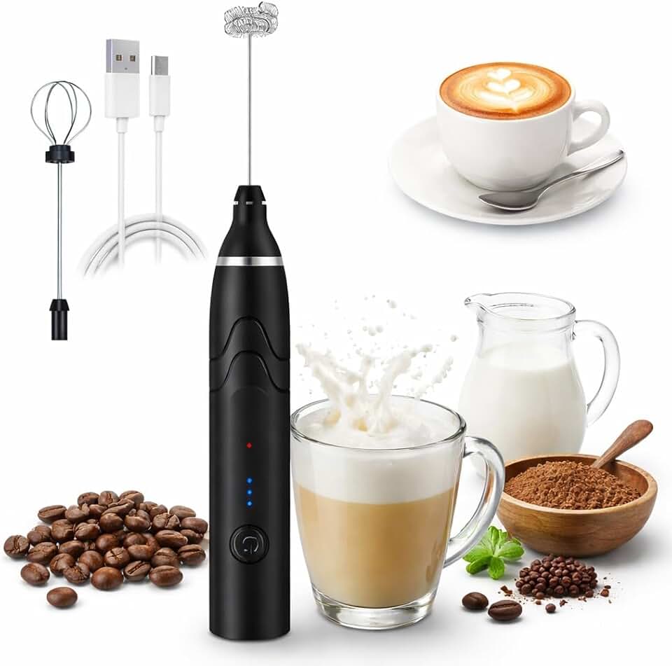 Mini Mixer Portátil USB Recarregável 13000RPM 3 Velocidades | Espumador de Leite Batedor Elétrico com 2 Cabeças Inox | Para Café, Cappuccino, Ovo, Molhos e Cremes