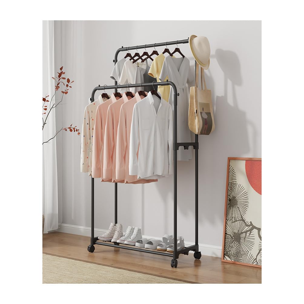Household Supplies Compact Clothing Racks, Wheels can Lock Rolling Clothing Racks, Two Layers of Metal Clothing Hanging Racks, Shoe Racks, Black