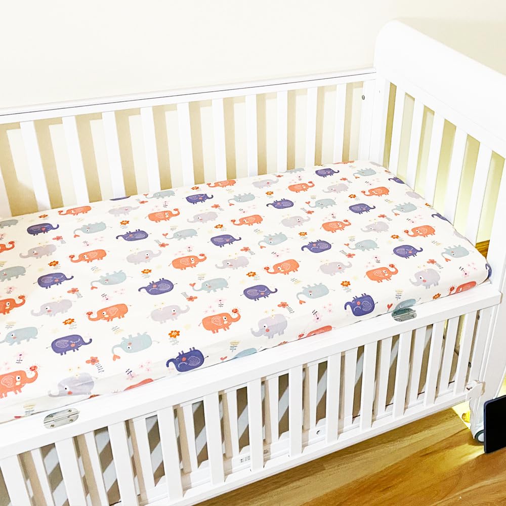 Odot Soft Cotton Cot Bed Sheets, Cartoon Bedside Cribs Fitted Sheets for Boys Girls, Newborn Bassinet Sheets, Baby Bed Sheets Stretch Edge Mattress Protector Easy Care (89x41cm,Elephant)