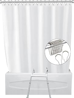 White Split Shower Curtain for Bath Transfer Benches, Polyester Fabric Bathroom Curtain, Bath Curtain with 12 Metal Hooks, 80 x 80inch