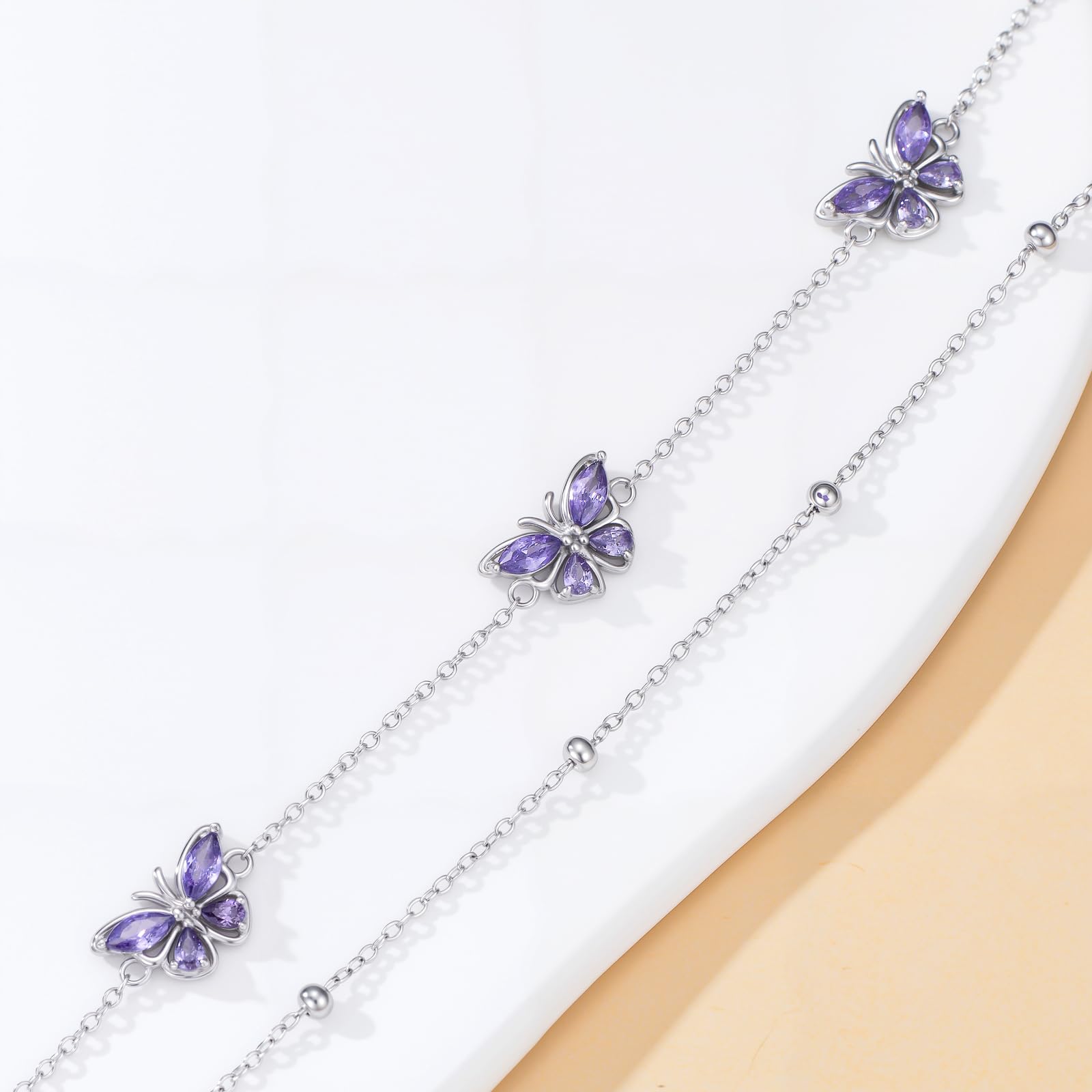 PROESS Schmetterlings Armband 925 Sterling Silber Glieder lila Doppel Armband Schmetterlings Schmuck Geschenke für Frauen Freundin Sie