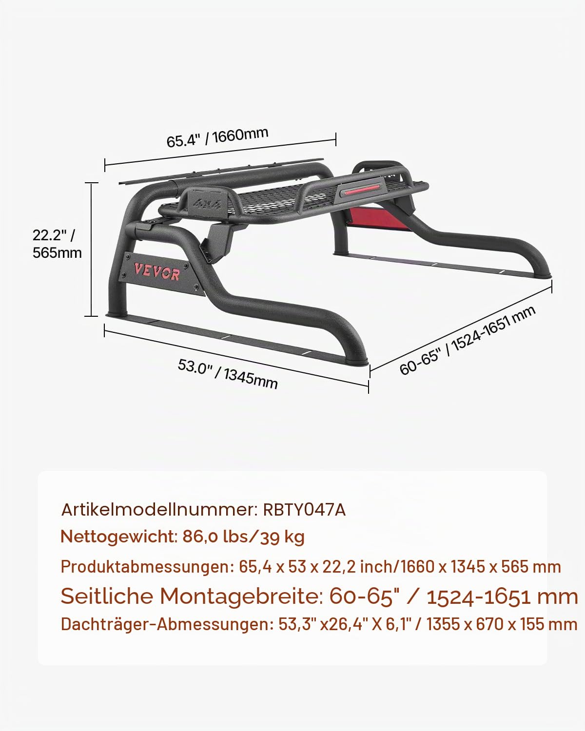 VEVOR Überrollbügel aus Karbonstahl für die Ladefläche, universeller einstellbarer (1524-1651 mm) Pickup Sport-Überrollbügel mit LED-Bremslicht für Lkws in voller Größe (mit Träger)