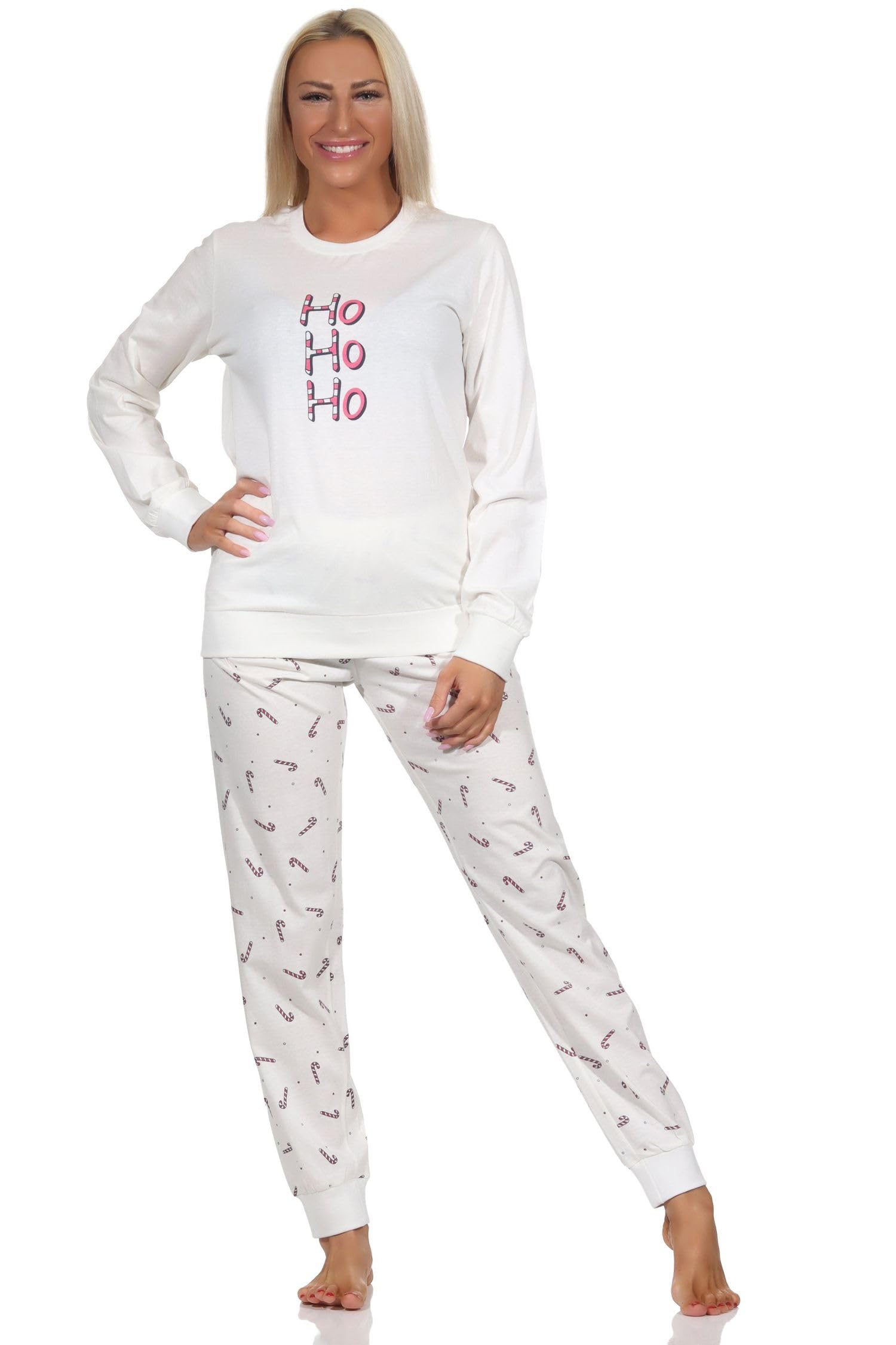 Normann Women's Long Sleeve Christmas Pyjamas with Cuffs, cream, 48-50