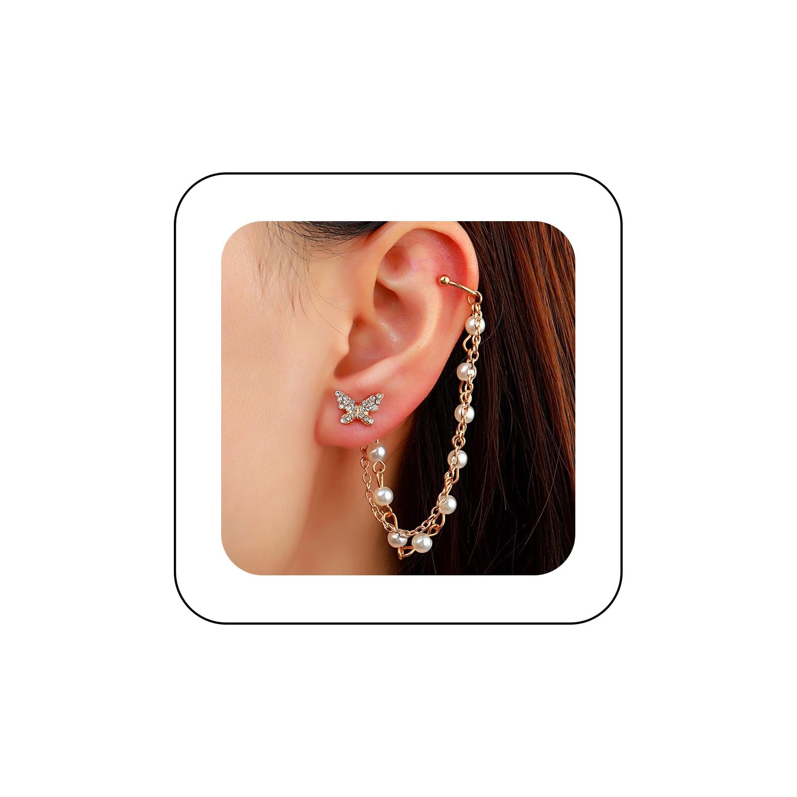 Orecchino Singolo A Farfalla Con Perla E Zircone, Design A Polsino Arrampicatore, Gioiello Unico Per Donna - 3