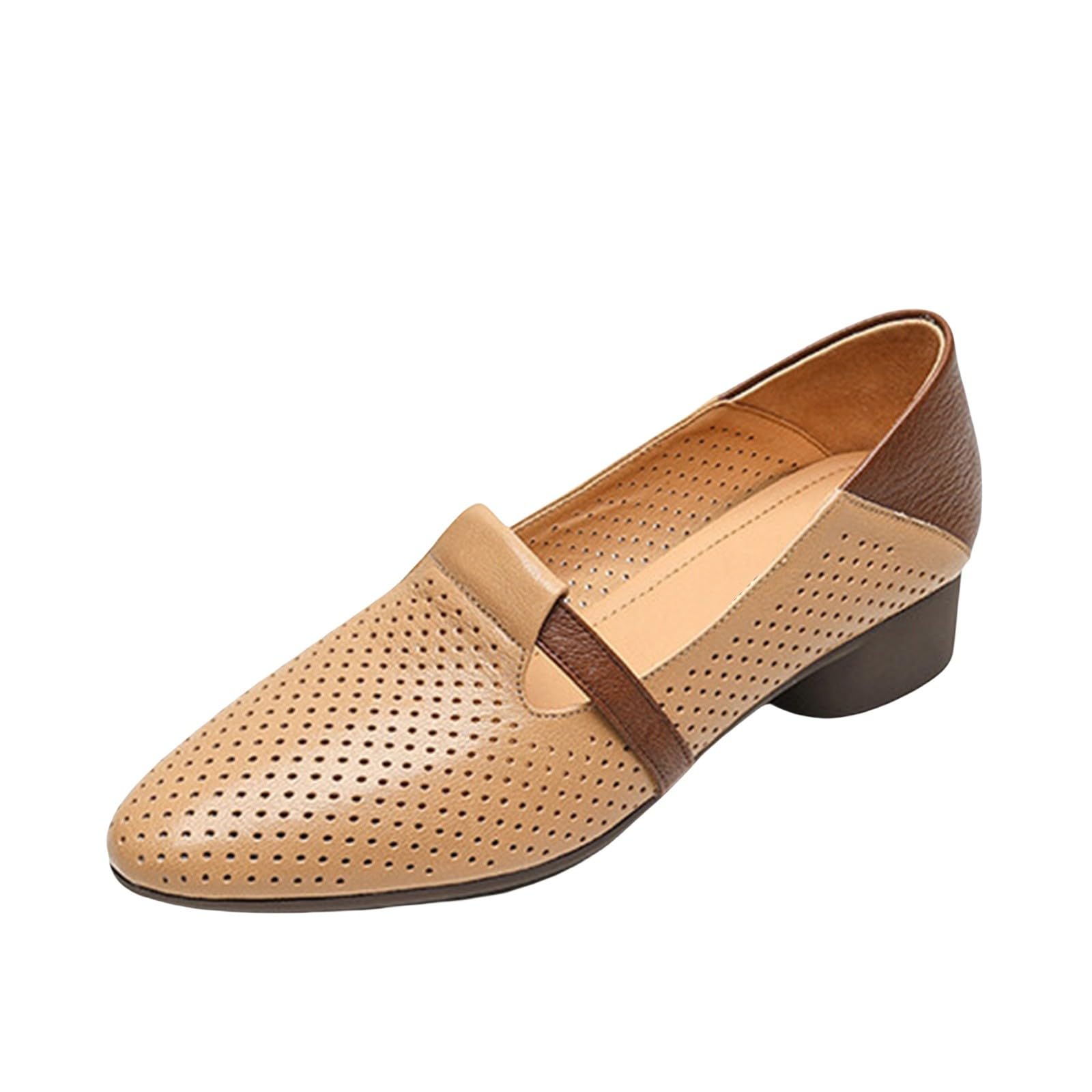 French Style Color Matching Soft Leather Low Heel Shoes for Women Summer Pointed Hole Shoes Lady High Heel Shoe
