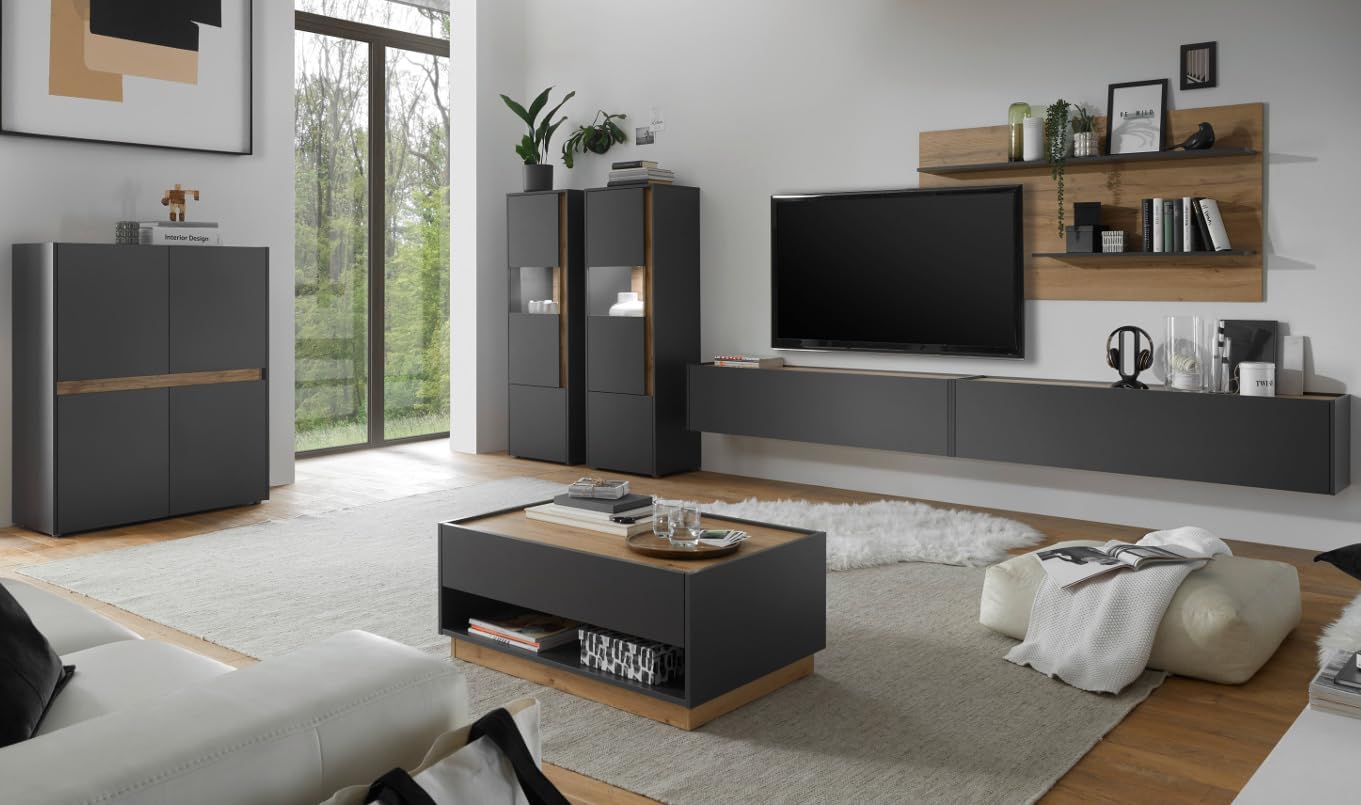 Coffee Table Side Table in Grey Matt and Oak Wotan Wood Living Room Table Coffee Table with Drawer and Storage Space 90 x 60 cm Centre