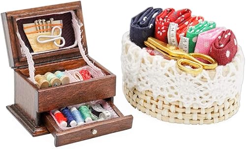 Odoria 1/12 - Kit de cesta de coser en miniatura y caja de costura, accesorios de decoración de casa de muñecas
