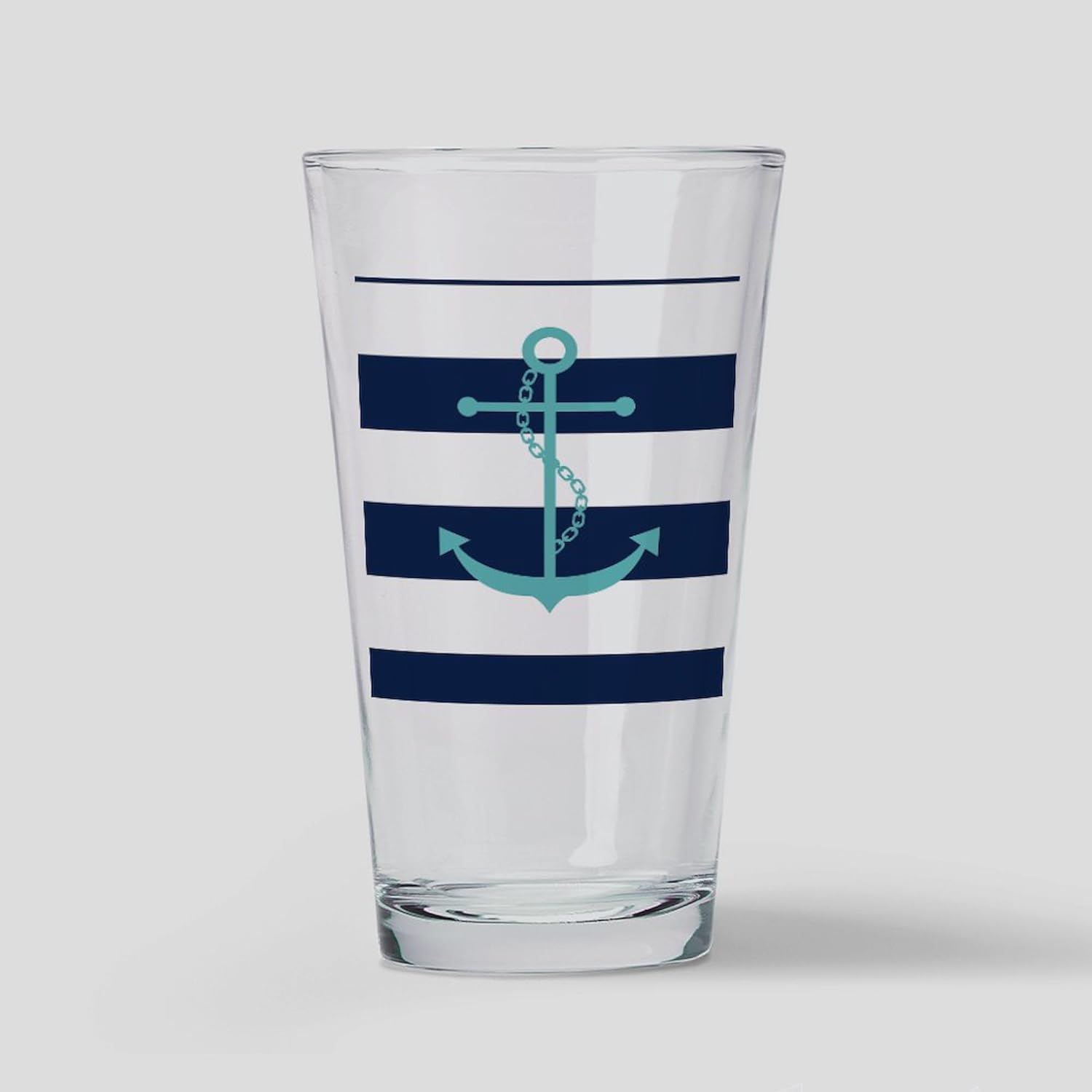 CafePress Teal Anchor On Navy Blue Stripes Pint Glass, 16 oz. Drinking Glass