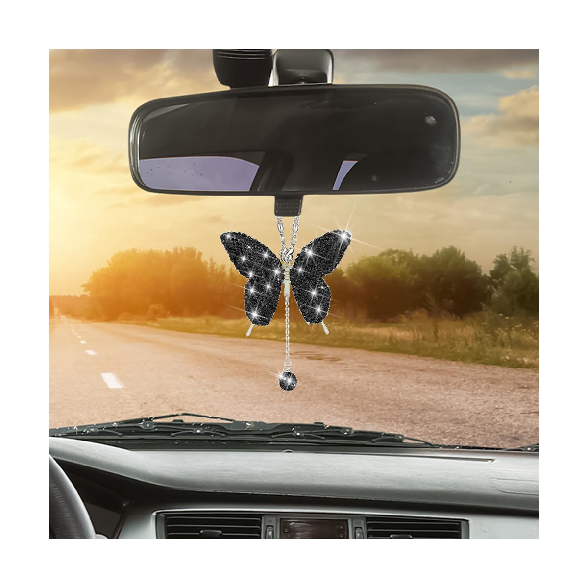 KHGUZ Bling Butterfly Car Accessories, Crystal Rhinestone Vehicle Rear View Mirror Charms, Lucky Diamond Auto Interior Hanging Ornament Pendant for