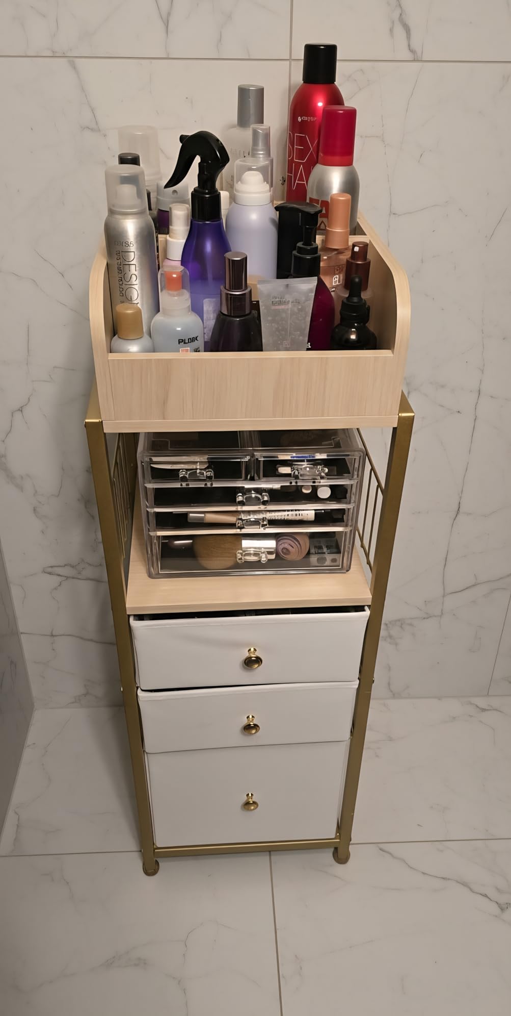 ZQUYAJ Makeup Organizer Cart with Drawers, Floor Skincare Organizers Make Up Organizers-Vanity Organizer Cosmetic Display Cases Holder for Skin Care Perfume Nail Polish Brush Hair Tool（Gold）