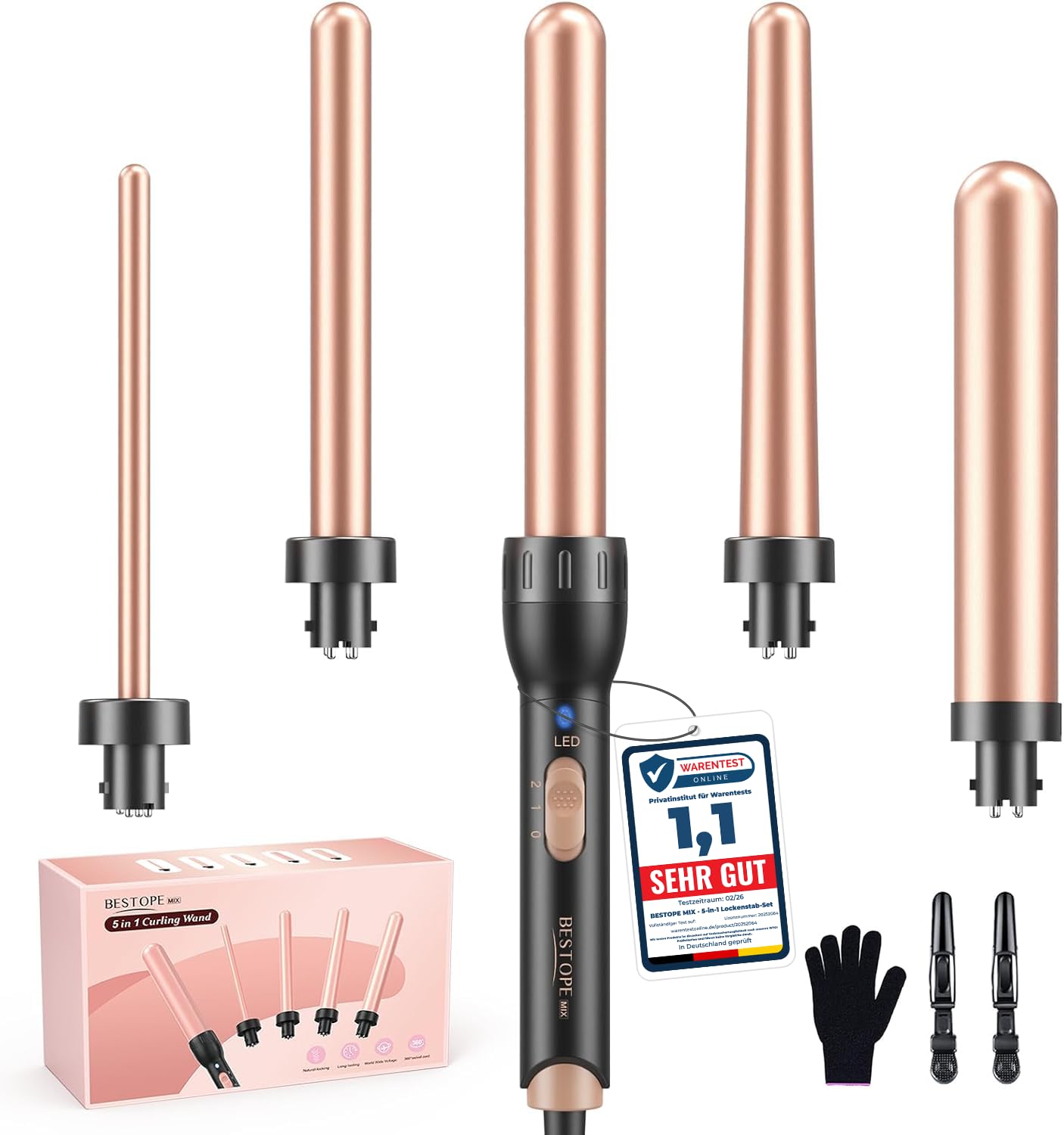 BESTOPE MIX Lockenstab, 5 in 1 Keramik Lockenstab Set mit Verschiedenen Aufsätzen für Große und Kleine Locken, 9-32mm Schnellaufheizung 2 Einstellbare Temperatur für Lange kurze Haare