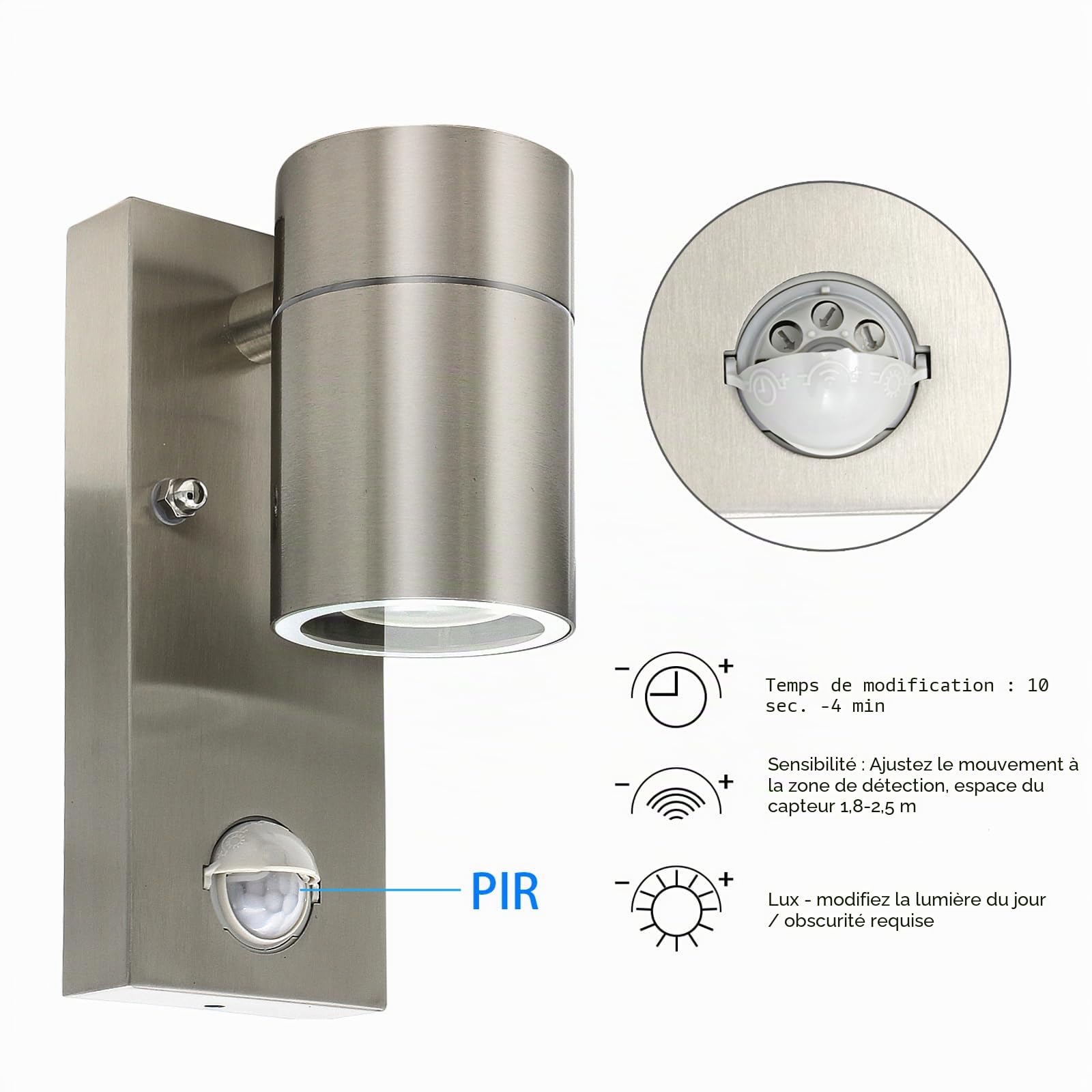 HiBay Applique Murale Exterieur Détecteur de Mouvement 7W,Éclairage Exterieur avec Detecteur Mouvement LED Moderne Inox Brossé GU10 550lm Blanc Chaud IP44 Étanche Lot de 2