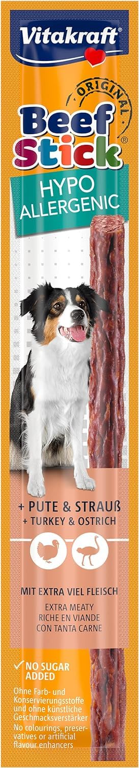Vitakraft Beef Stick Hypoallergenic, Hundeleckerli, bei Unverträglichkeiten, mit Pute und Strauß, mit Reis und Kartoffeln, zuckerfreie Rezeptur (50x 12g)