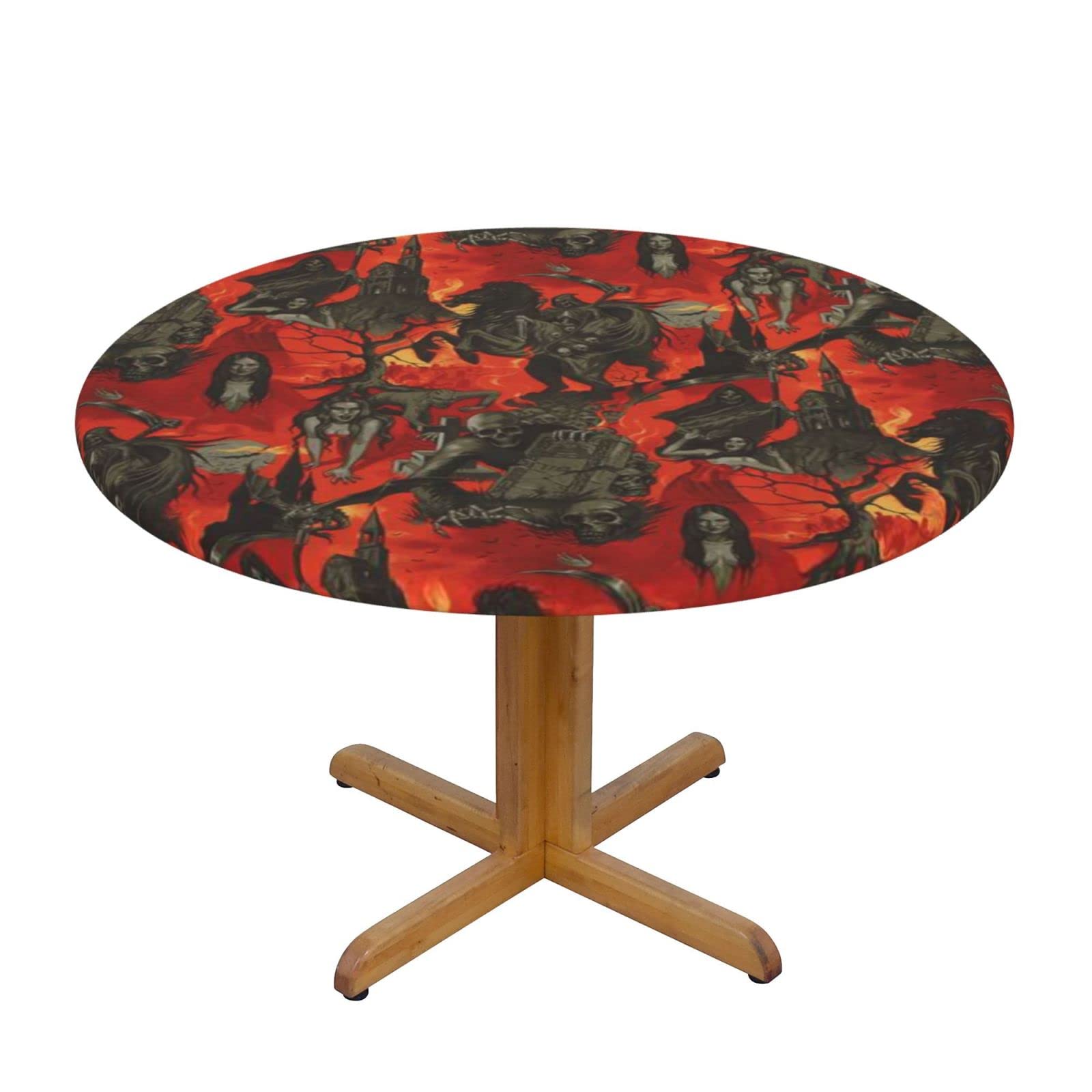 Lsjuee Round Fitted Tablecloth 40-44in Elastic Edged Table Cloth for Kitchen Dining Party Home Decor - Horror Grim Reaper Death Soul Red
