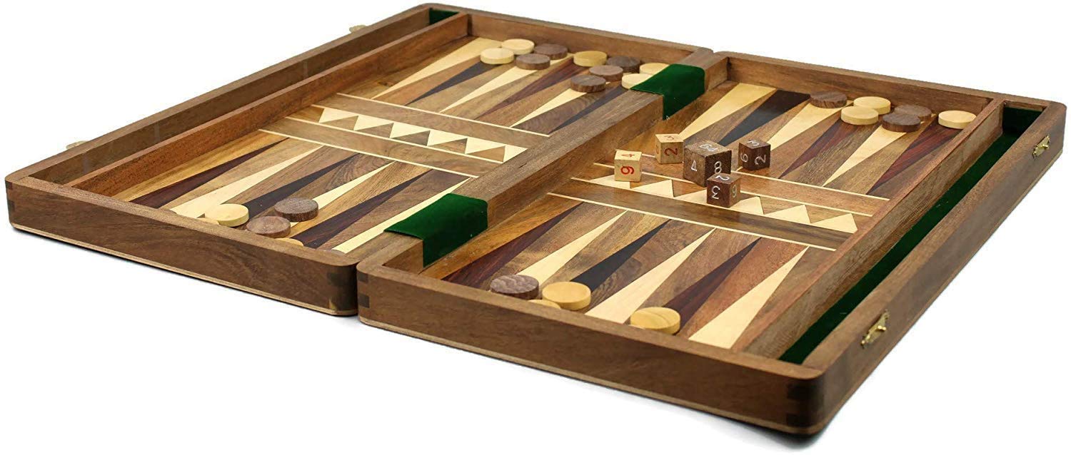 BACKGAMMON zestaw płytka inkrustowana ręcznie wykonane lite drewno z pojedynczymi elementami i dyszą w zestawie 25 cm