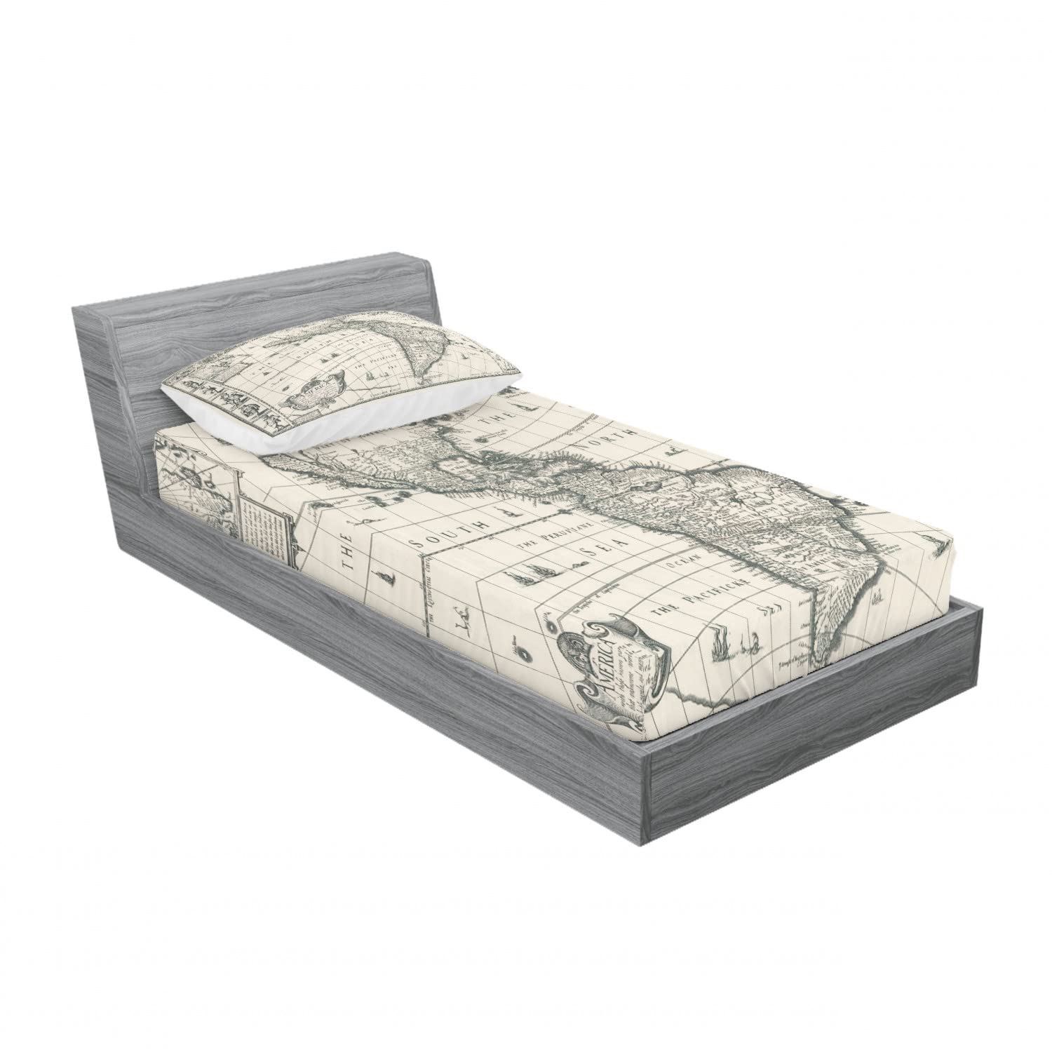 Ambesonne World Map 2 Pack Fitted Sheet & Pillow Sham Set, Retro Old America Map, 4 Pcs Bedding Decor, Package Contains 2 Twin Size Fitted Sheets & 2 Pillow Covers, Cream Grey