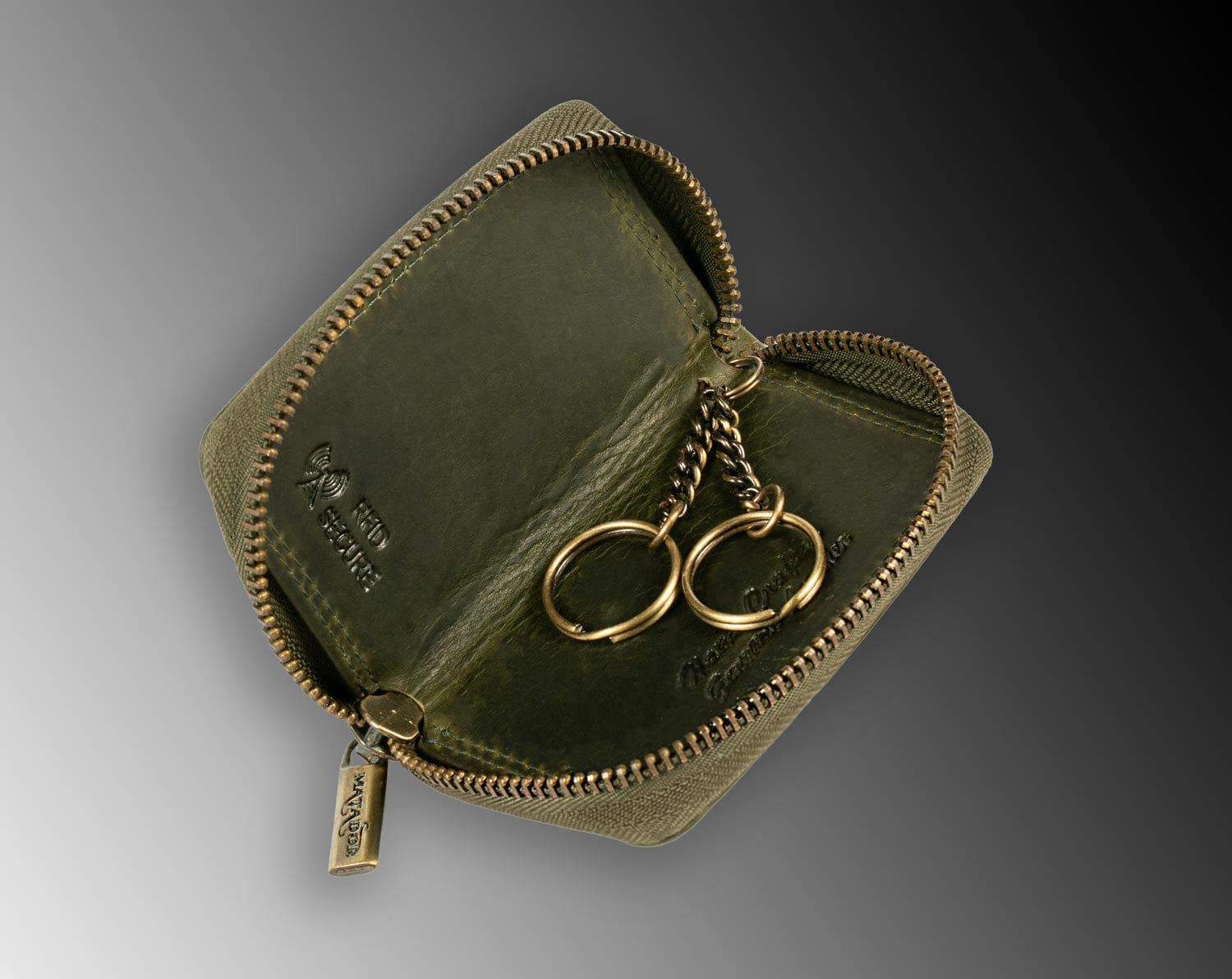 MATADOR Mini Pochette Rangement - Sac pour Clef en Cuir Véritable | Etui à Clé avec Femeture Éclair en Métal et Mousqueton | Porte Clés Clef Protection Organiseur avec Boîte Cadeau Elegant Vert