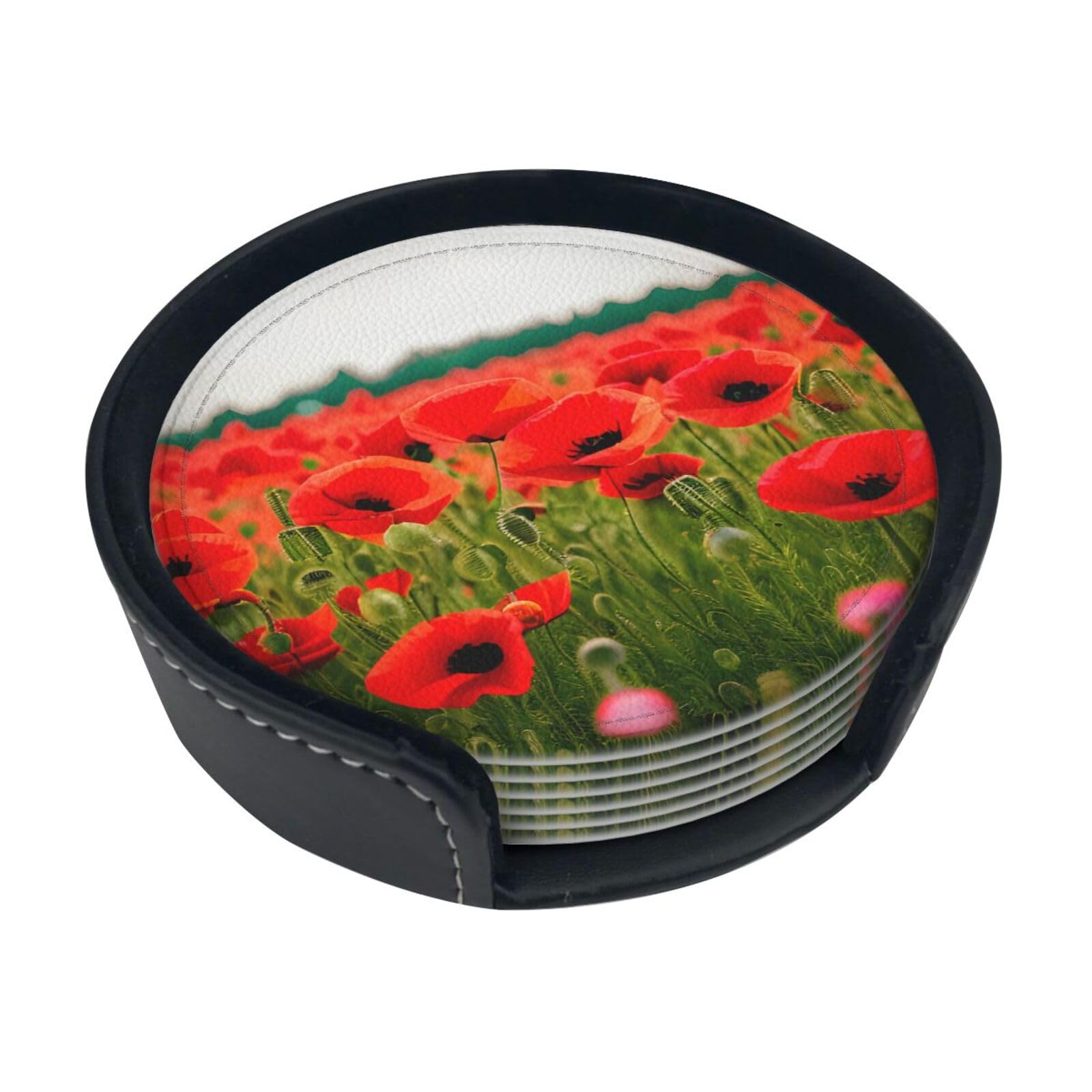 Poppy Flowers Vivid Petals Print Leather Drinks Coasters Sets of 6 for Table Decor Protect Furniture from Scratch and Damage
