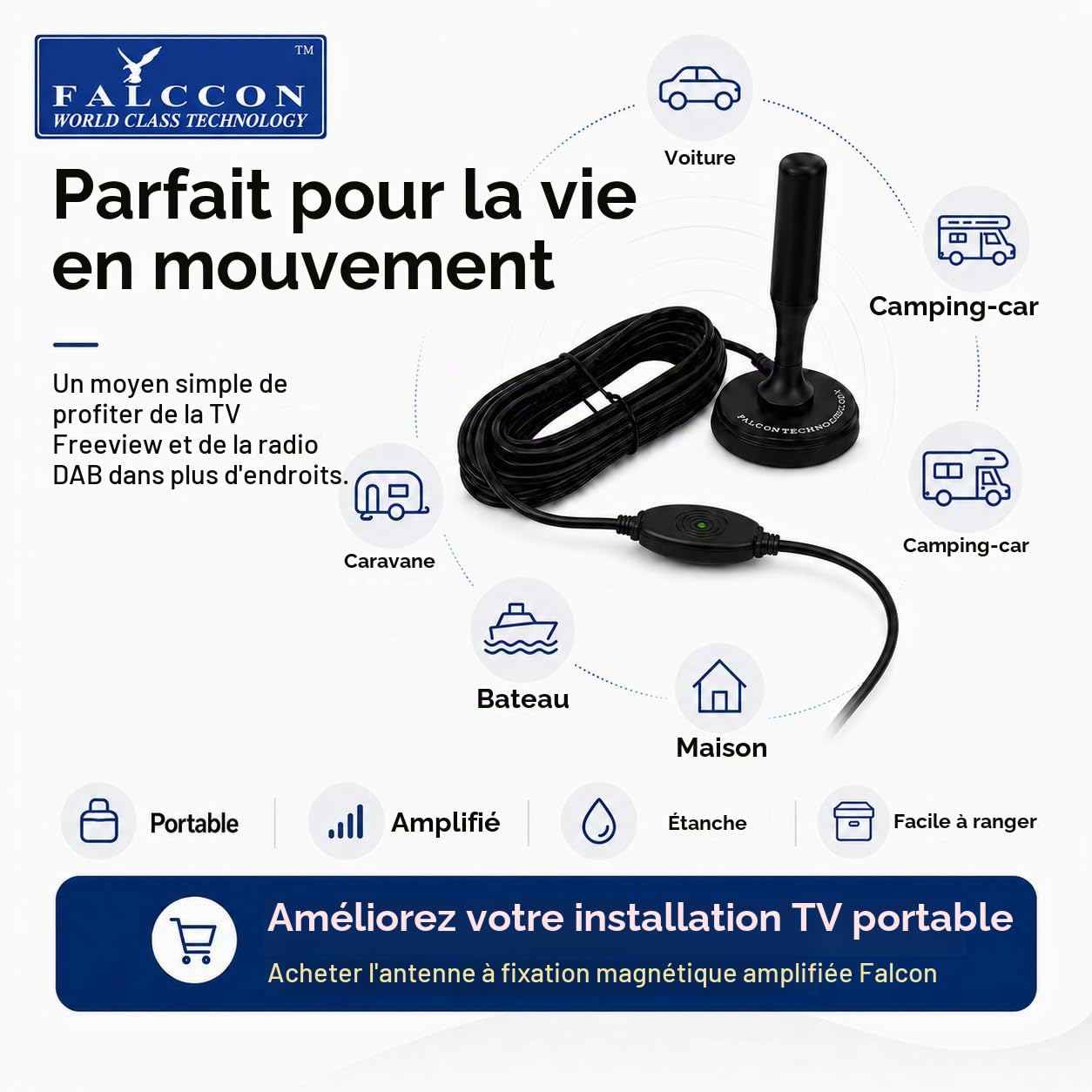 Falcon - Antenne DTV portable amplifiée avec support magnétique pour caravane et camping-car (amplifiée)